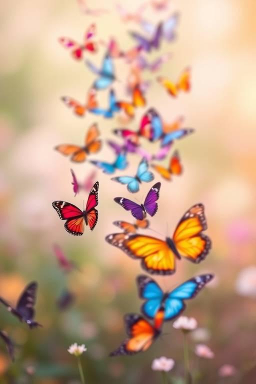 Create a vibrant illustration of a trail of colorful butterflies in a soft, dreamy background, captured with a DSLR camera at f/2.8 aperture, 50mm lens, ISO 100, and a shallow depth of field to enhance focus and clarity.
