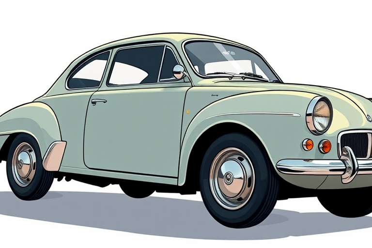 Create a detailed illustration of a vintage car with a sleek design, featuring two doors and round wheels, shot from a low angle using a DSLR camera with a 50mm lens, aperture set to f/1.8, ISO 100, and natural lighting to enhance clarity and depth.