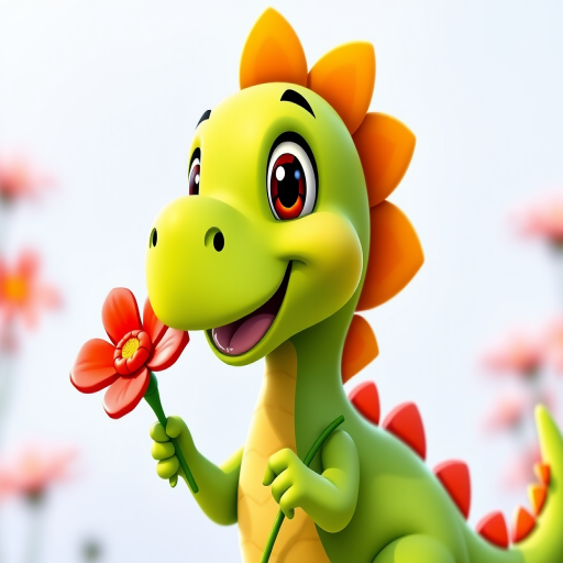 Create a high-resolution image of a cheerful cartoon dinosaur holding a red flower, with vibrant colors and a smooth finish, using a DSLR camera with a 50mm lens, aperture set to f/2.8, ISO 100, and shot in natural light for enhanced quality and clarity.