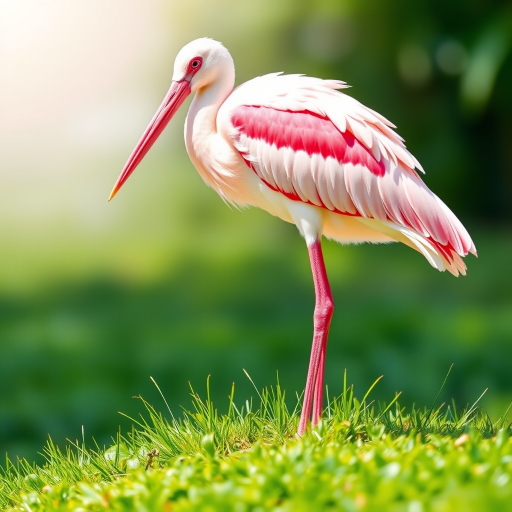 create a vibrant watercolor illustration of a pink-painted spoonbill standing gracefully on a grassy patch, captured with a Canon EOS R5, 50mm lens, f/1.8 aperture, ISO 100, with a shallow depth of field to enhance the vivid colors and details in a bright, soft natural light setting