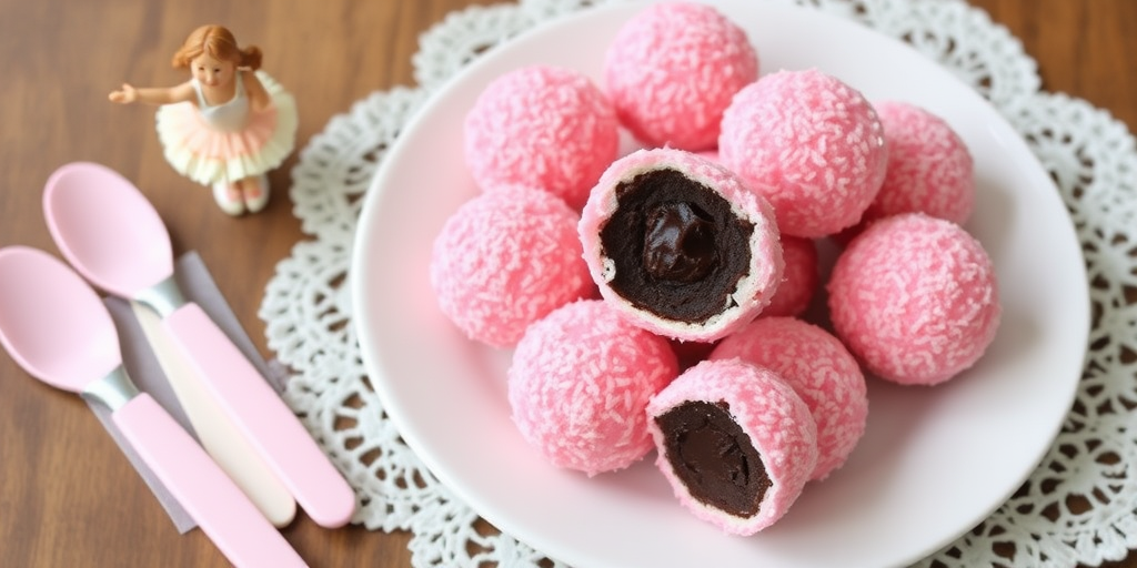 A plate of pink coconut-covered desserts shaped like balls with a bite taken out revealing a dark chocolate center next to a small ballerina figurine and pastel-colored utensils on a lace doily.