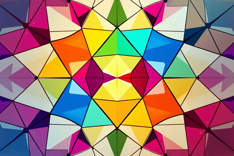 Create a high-resolution abstract geometric design featuring interconnected shapes in vibrant colors, captured with a DSLR camera, aperture f/1.8, ISO 200, 50mm lens, shallow depth of field, and natural lighting.
