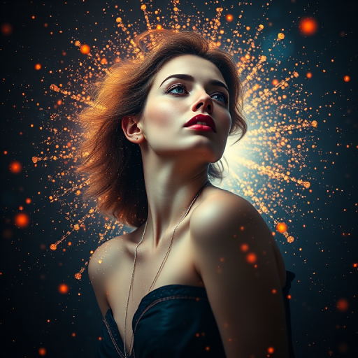 Create a surreal image of a woman surrounded by radiant particles and a cosmic background, using a Canon EOS R5 with an 85mm f/1.2 lens, aperture set to f/2.0, ISO 100, shutter speed 1/200s, shoot in portrait mode with a soft light effect and high dynamic range.