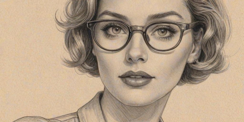 Pleasing April Bowlby, pencil sketch, portrait of Stunning woman 1930s in glasses, hair style beatnik, outline, clear lines, fine lines, 8k