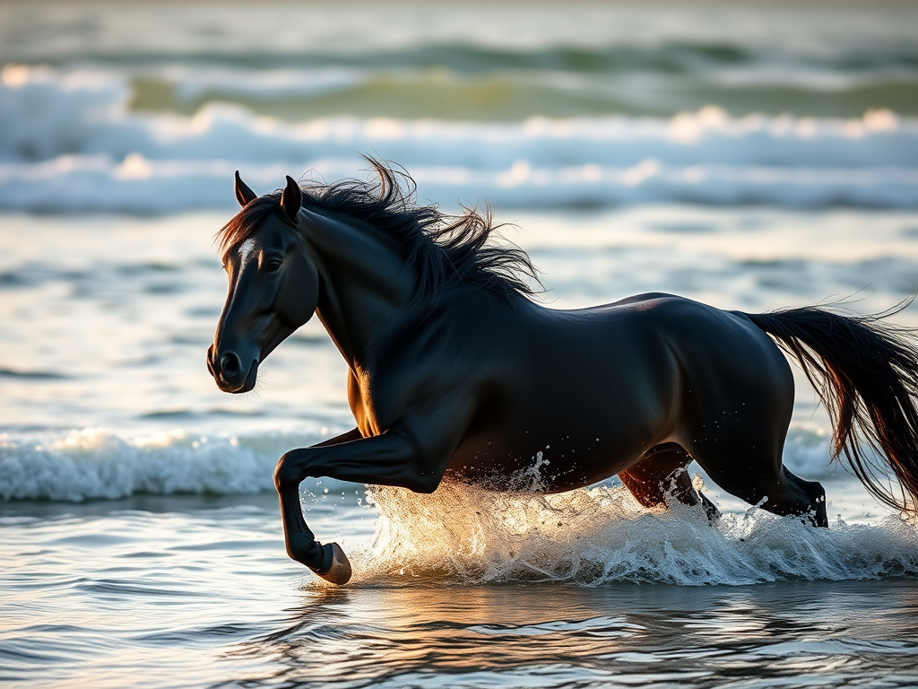 Create a highly detailed and realistic image of a black horse running with flowing mane in shallow ocean water, captured with a Canon EOS R5 at 85mm, f/1.8, ISO 100, early morning soft light, using a shallow depth of field to emphasize the horse.