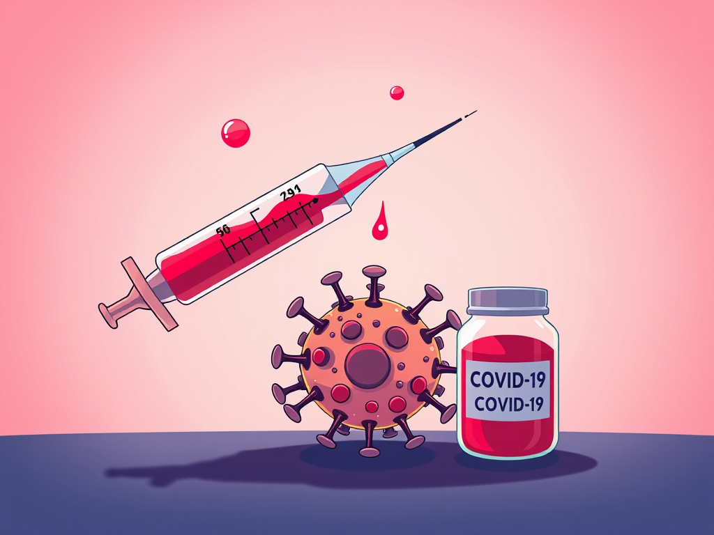 Create an illustration featuring a cartoonish representation of a COVID-19 virus with a large syringe filled with red liquid hovering above it, and two jars labeled "COVID-19 Vaccine" filled with red liquid beside it, using vibrant colors and a soft gradient background, captured with a Canon EOS R5 at f/8, ISO 100, 50mm lens, in a digital illustration style.