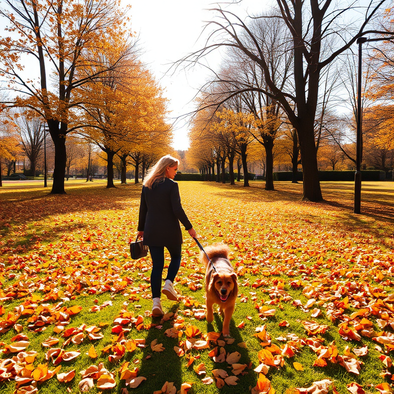 Bright autumn day in a park, the ground covered in golden leaves, a woman walking her dog, the two of them enjoying the crisp, cool air.