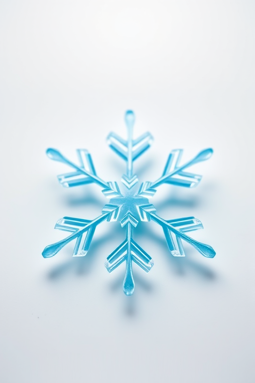 Create a high-resolution image of a stylized snowflake with a gradient from light blue to dark blue, captured with a DSLR camera at f/2.8, 50mm lens, ISO 100, and a shallow depth of field, using a flat lay perspective and soft natural lighting.