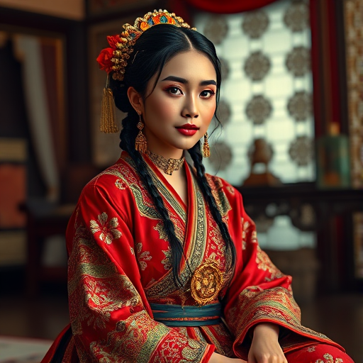 A beautiful Quechua woman in traditional East Asian attire, intricately detailed with embroidered patterns, sitting gracefully in a richly decorated room, soft ambient lighting, serene and elegant, ultra-realistic, 8K resolution