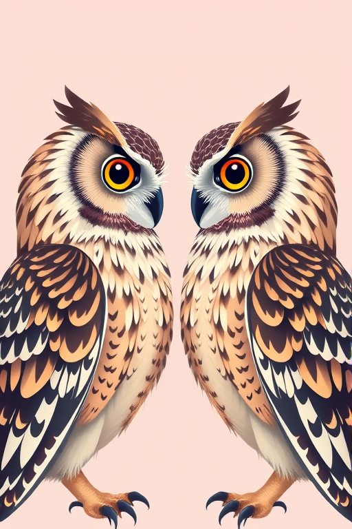 Create a detailed illustration of two stylized owls facing each other, emphasizing intricate feather patterns and large expressive eyes, using a flat design style with a soft pastel background, shot with a Canon EOS R5 at f/8, ISO 100, 50mm lens, front view, to enhance color vibrancy and detail.