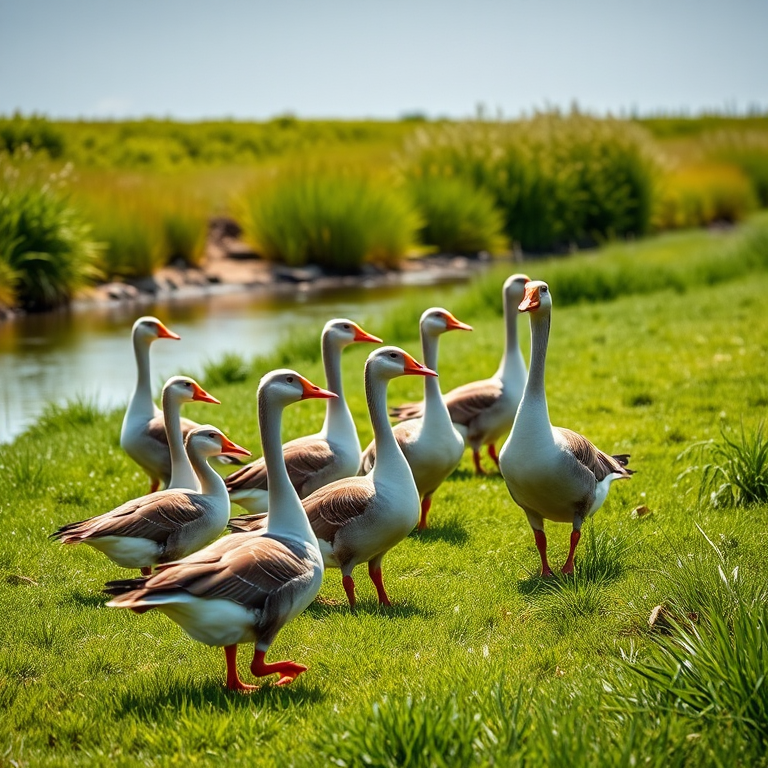 A flock of geese standing on lush green grass near a calm stream, captured with a Canon EOS 5D Mark IV, 24-70mm f/2.8 lens, aperture f/8, shutter speed 1/200s, ISO 400, natural light, wide angle view for enhanced depth.