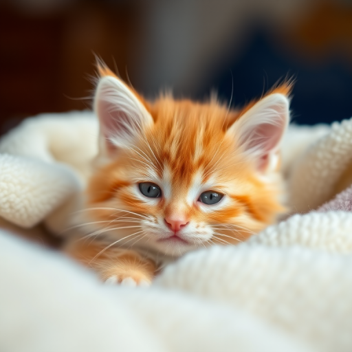 A close-up portrait of a fluffy orange tabby kitten nestled in a soft white blanket, captured using a DSLR camera with a 50mm lens, aperture set to f/1.8 for a shallow depth of field, ISO 200, natural light for soft shadows and highlights.