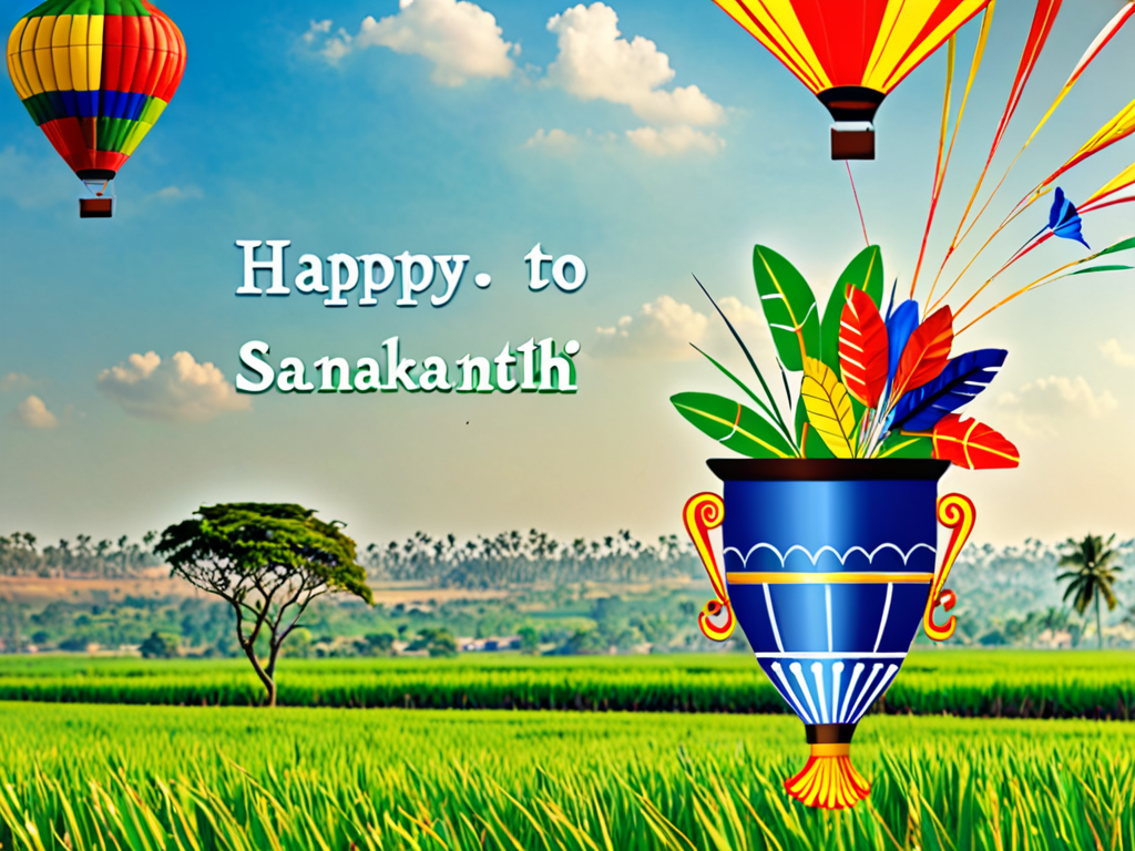 Happy Sankranthi theme, with blue sky, kites, pongal pot, green lush ...