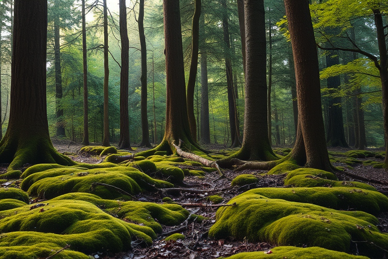 capture a lush forest scene with moss-covered ground and diverse trees in soft natural light, using a DSLR camera, 24mm lens, f/8 aperture, ISO 200, and a slight tilt to create depth in the composition