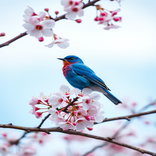 A vibrant blue bird perched on a blooming cherry blossom branch against a soft blue sky, captured with a DSLR camera at f/2.8, ISO 100, 1/200 sec, in a shallow depth of field, taken from a low angle with natural light.