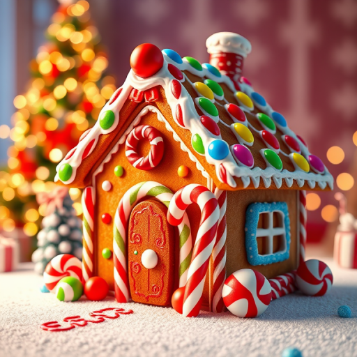 Create a vibrant 3D illustration of a whimsical gingerbread house decorated with colorful candy canes and a large lollipop, set against a bright, festive background with twinkling lights, shot with a DSLR camera at f/2.8 aperture, 35mm focal length, 1/60 sec shutter speed, and high dynamic range to enhance details and colors.