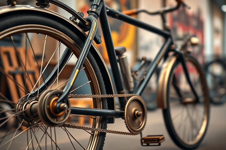 Generate a high-resolution image of a vintage steampunk bicycle showcasing intricate mechanical details, shot from a low angle with a 50mm lens, aperture set to f/1.8 for a shallow depth of field, using a DSLR camera for enhanced clarity and vibrant colors.