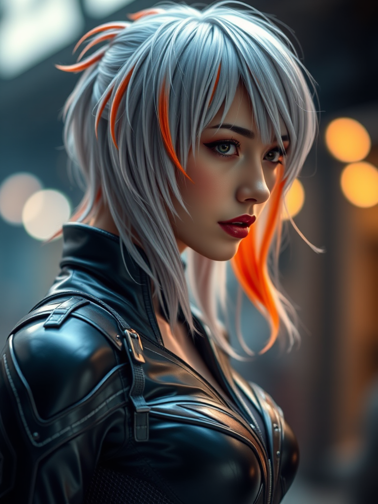 female character with silver and orange hair wearing a futuristic leather outfit, side profile, soft bokeh background, f/1.8 aperture, ISO 100, 50mm lens, natural light, portrait photography