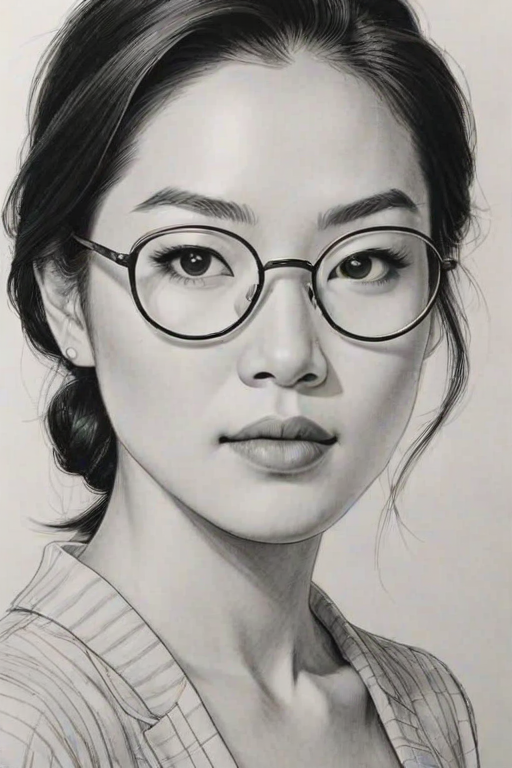 Superb Arden Cho, pencil sketch, portrait of Exquisite woman 1949s in glasses, hair style beatnik, outline, clear lines, fine lines, 8k