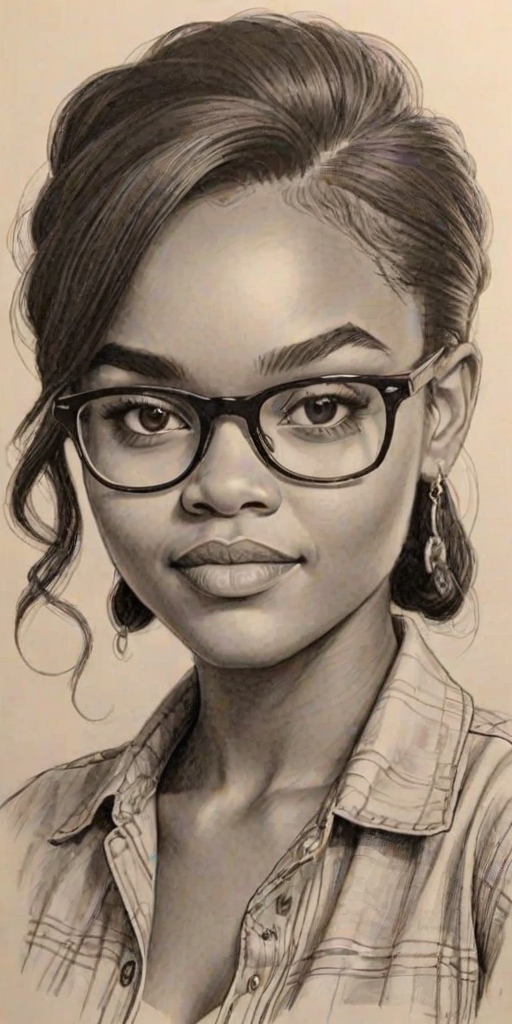 Gorgeous China Anne McClain, pencil sketch, portrait of Comely woman 1951s in glasses, hair style beatnik, outline, clear lines, fine lines, 8k