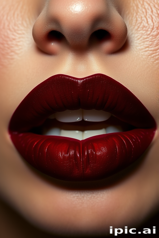 Deep burgundy velvet lips with a rich, velvety texture, featuring sharp, defined edges and a dramatic, sultry appearance for evening glamour