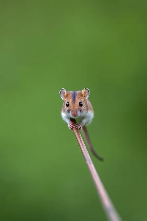 Capture a close-up shot of a small mouse perched on a slender rod, with a shallow depth of field to create a blurred, soft green background; use a DSLR camera, f/2.8 aperture, 50mm lens, ISO 200, and a shutter speed of 1/500s for sharp detail and vivid colors.