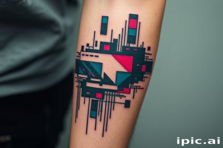 Glitch art-inspired tattoo on the forearm, featuring distorted digital imagery and pixelated elements, creating an illusion of technological malfunction on the skin