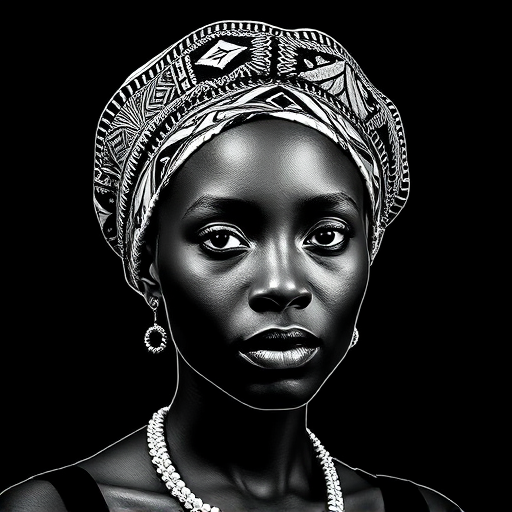 Create a high-contrast black and white line art portrait of a person with intricate patterns on the headwear, shot with a Canon EOS R5, 50mm lens, f/1.8 aperture, ISO 100, in sharp focus against a solid black background.