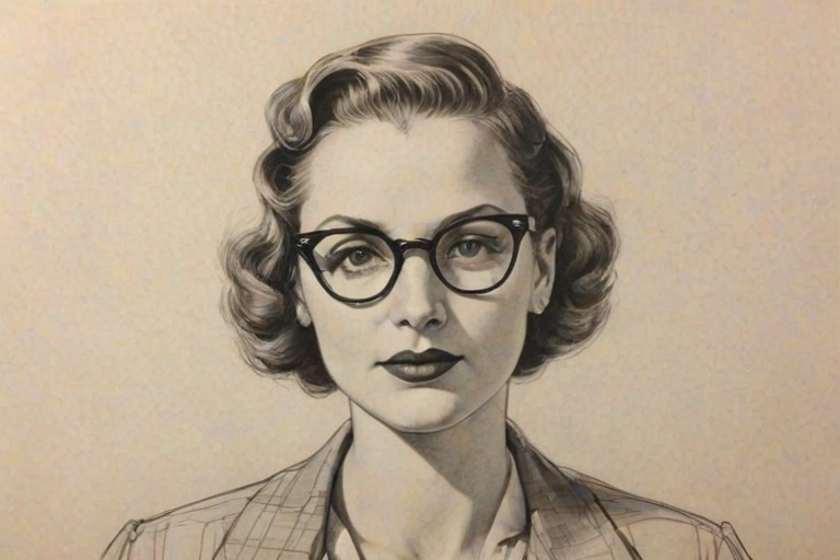 Pleasing Jordan Hinson, pencil sketch, portrait of Magnificent woman 1935s in glasses, hair style beatnik, outline, clear lines, fine lines, 8k