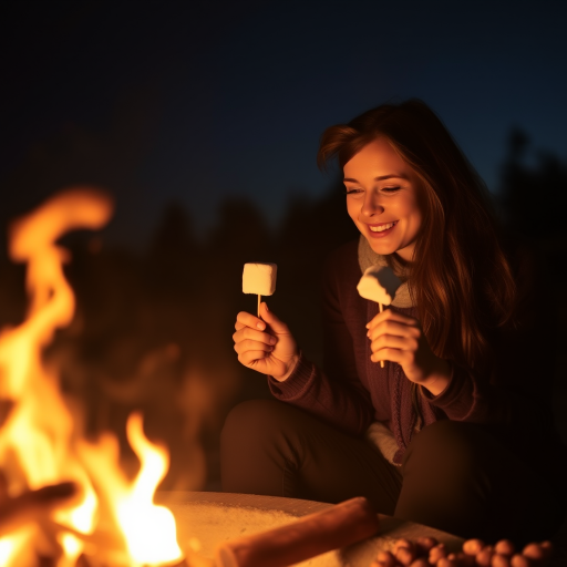 Warmly lit image of a couple roasting marshmallows over a campfire, soft glow from the flames casting warm shadows on their faces, distant trees silhouetted against the night sky, and the smell of woodsmoke and toasted sugar in the air.