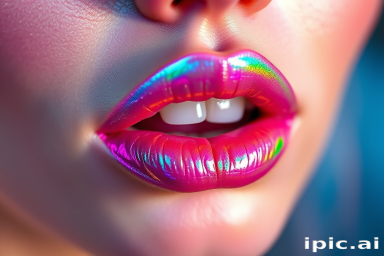 Iridescent holographic lip gloss "Unicorn Dreams" that shifts colors in different lighting, creating a mesmerizing effect for festivals and artistic makeup, non-sticky and lightweight