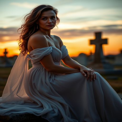 Create an ethereal portrait of a woman in a flowing white gown seated on a gravestone at sunset, soft focus, ambient lighting, 85mm lens, f/1.4 aperture, ISO 100, shallow depth of field, DSLR camera.