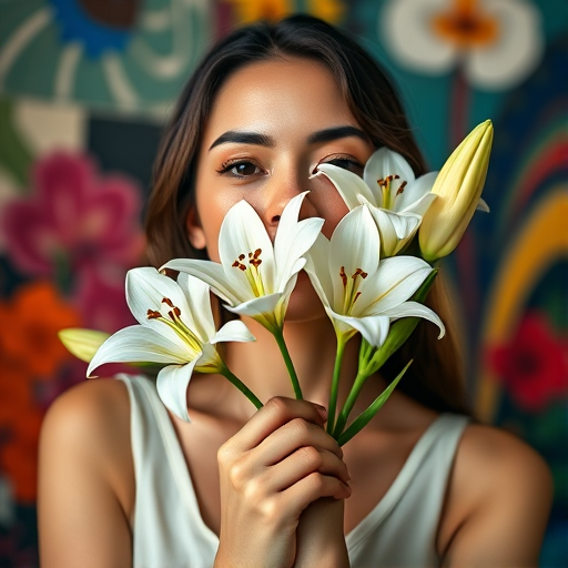 Generate a vibrant portrait of a woman holding white lilies with colorful abstract elements in the background, shot with a Canon EOS R, 50mm lens, aperture f/1.8, ISO 100, natural lighting, and a shallow depth of field to enhance details and colors.