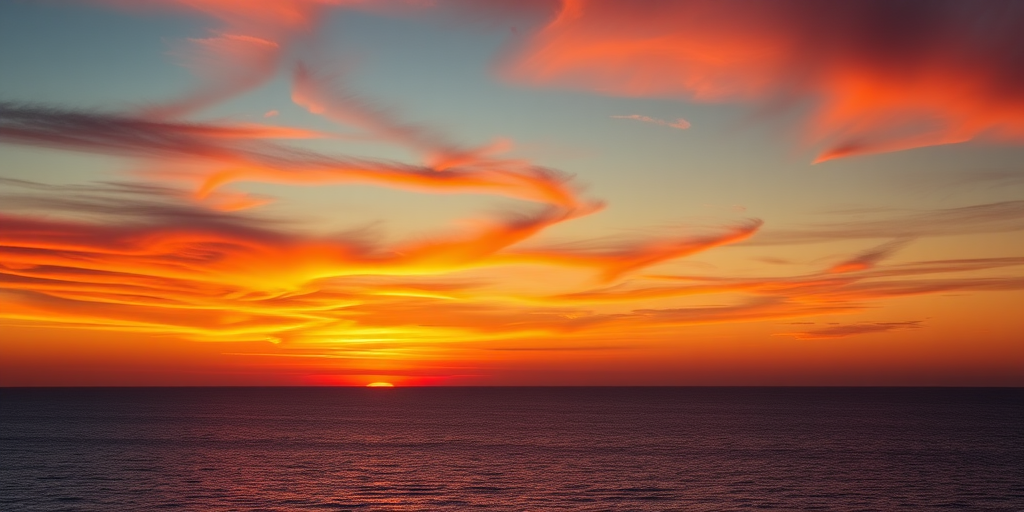 Create a high-resolution image of a vibrant sunset over a calm ocean, captured with a Canon EOS R5, 24mm lens, f/8 aperture, ISO 100, at a 1/125 sec shutter speed, using a wide-angle view to enhance the landscape depth and colors.
