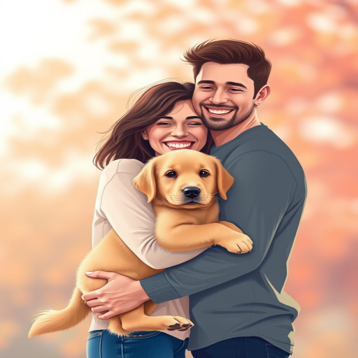 Create a vibrant digital illustration of a couple happily embracing each other while holding a cute golden retriever puppy, with a soft and warm color palette, using a Canon EOS R5 with a 50mm f/1.2 lens, in portrait mode with natural lighting and a shallow depth of field to enhance image quality.