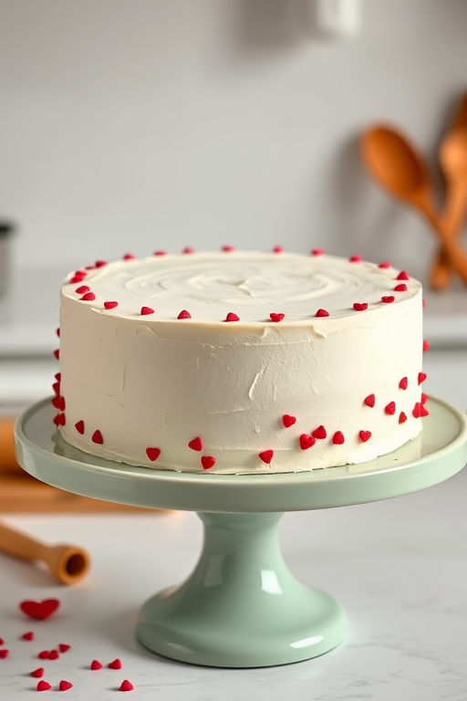 Create an image of a round white cake decorated with small red heart sprinkles on the sides placed on a light green cake stand with a blurred kitchen background and some baking utensils nearby.
