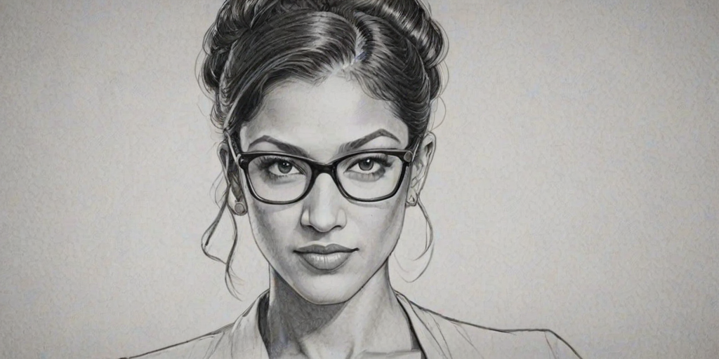 Fascinating Janina Gavankar, pencil sketch, portrait of Ravishing woman 1933s in glasses, hair style beatnik, outline, clear lines, fine lines, 8k