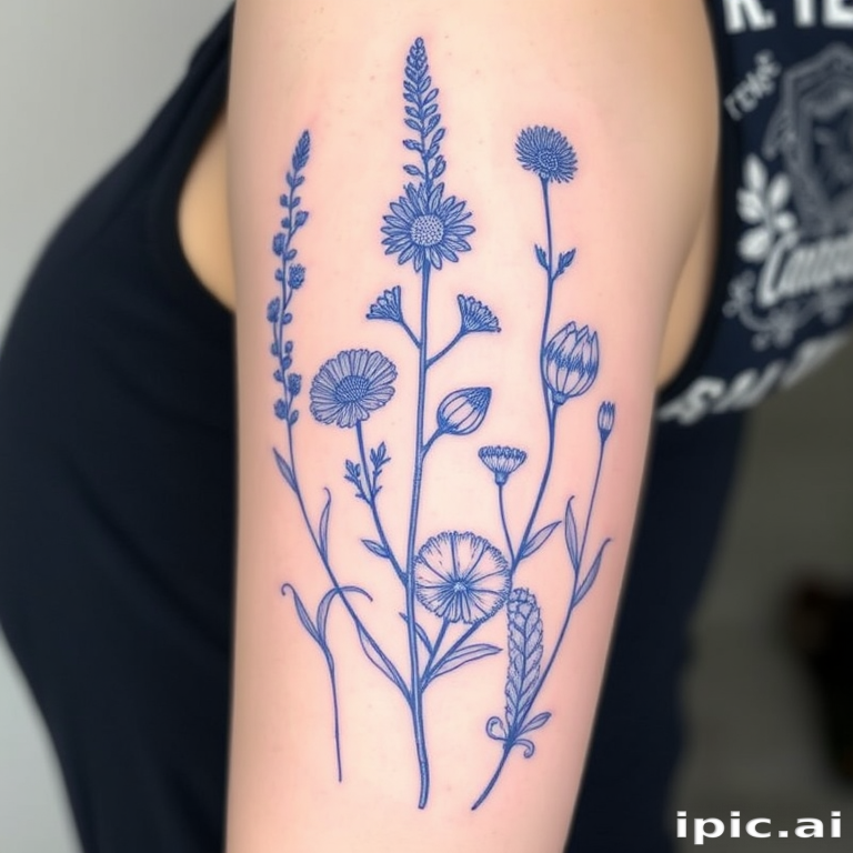 Fine line tattoo named "Botanical Blueprint" showcasing highly detailed scientific illustrations of various plant species in a delicate monochrome blue ink