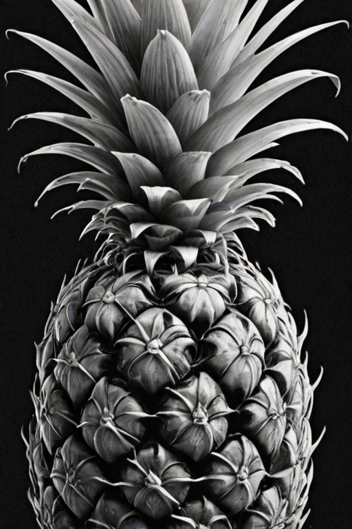 create a detailed black and white sketch of a pineapple with intricate patterns on its outer skin and a layered leafy top