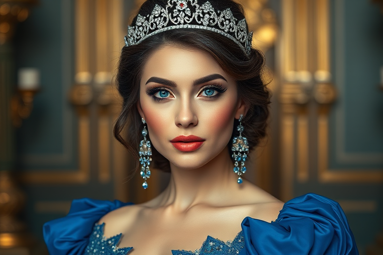 A gorgeous woman in a luxurious blue gown, accessorized with a dazzling tiara and statement earrings, her deep blue eyes highlighted by impeccable makeup, poised in a royal setting, photorealistic, 8K quality