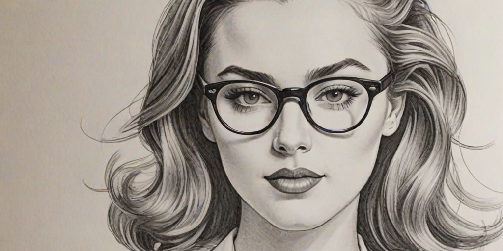 Elegant Chloe Bailey, pencil sketch, portrait of Alluring woman 1944s in glasses, hair style beatnik, outline, clear lines, fine lines, 8k