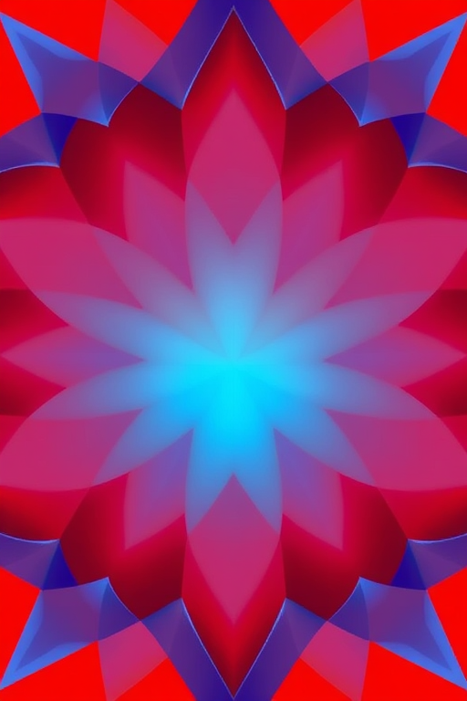 Create an abstract geometric pattern with vibrant colors from red to blue, using a wide-angle lens, ISO 100, f/8 aperture, 1/125s shutter speed, in a high-resolution digital format for enhanced clarity and detail.