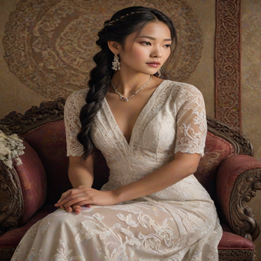 Create a portrait of a refined and elegant Tibetan woman seated in a sophisticated setting. She has long, wavy hair styled in two thick braids that are pulled over her shoulders. She wears a white, lace gown with intricate patterns, featuring a deep V-neckline and short sleeves. The dress exudes a vintage charm with its delicate lacework. She is adorned with ornate, dangling earrings that add a touch of glamour to her appearance. The background is softly lit, with warm, ambient lighting that creates a cozy and inviting atmosphere. Her expression is poised and serene, capturing a sense of grace and elegance.