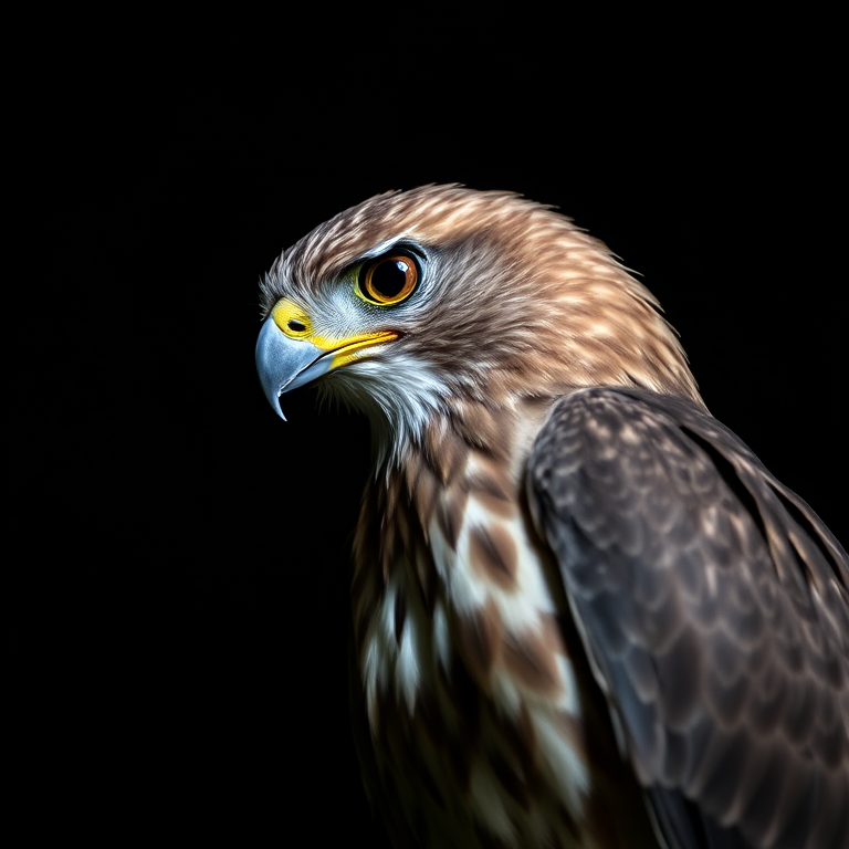 A close-up shot of a hawk perched in a low-light environment, using a DSLR camera with an aperture of f/2.8, shutter speed of 1/500s, ISO 400, and 85mm lens, capturing intricate feather details against a dark background.