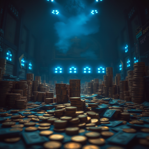 A dimly lit room filled with stacks of gold coins and piles of money on the floor, with glowing blue lights creating a mystical atmosphere, using a DSLR camera at f/1.8, ISO 200, 35mm lens, with a wide-angle view and soft focus for a dreamy effect.