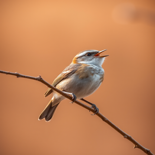 A small bird perched on a branch, singing, with a soft blurred brown background, taken with a DSLR camera at f/4, ISO 200, 1/500s shutter speed, using a 200mm lens in natural light.