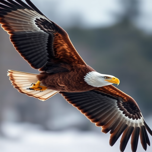 high-resolution image of a soaring eagle in mid-flight, captured with a Canon EOS-1D X Mark III, 300mm lens, aperture f/4, ISO 400, shutter speed 1/2000s, vibrant colors, soft blurred background, natural light, dynamic angle