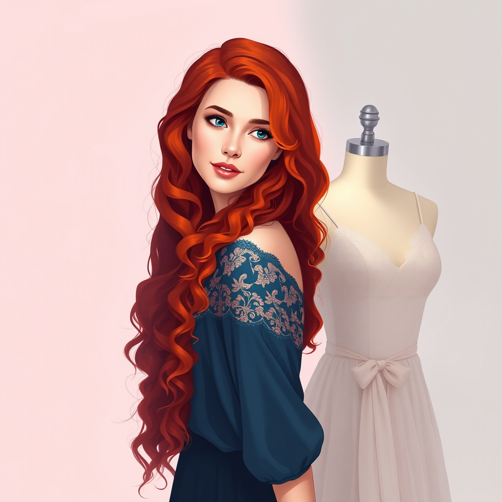 Create an artistic illustration of a woman with long, curly red hair standing beside a lace dress on a mannequin, with soft pastel background colors, using a DSLR camera, 50mm lens, f/1.8 aperture, ISO 200, natural light, and a shallow depth of field for enhanced image quality.