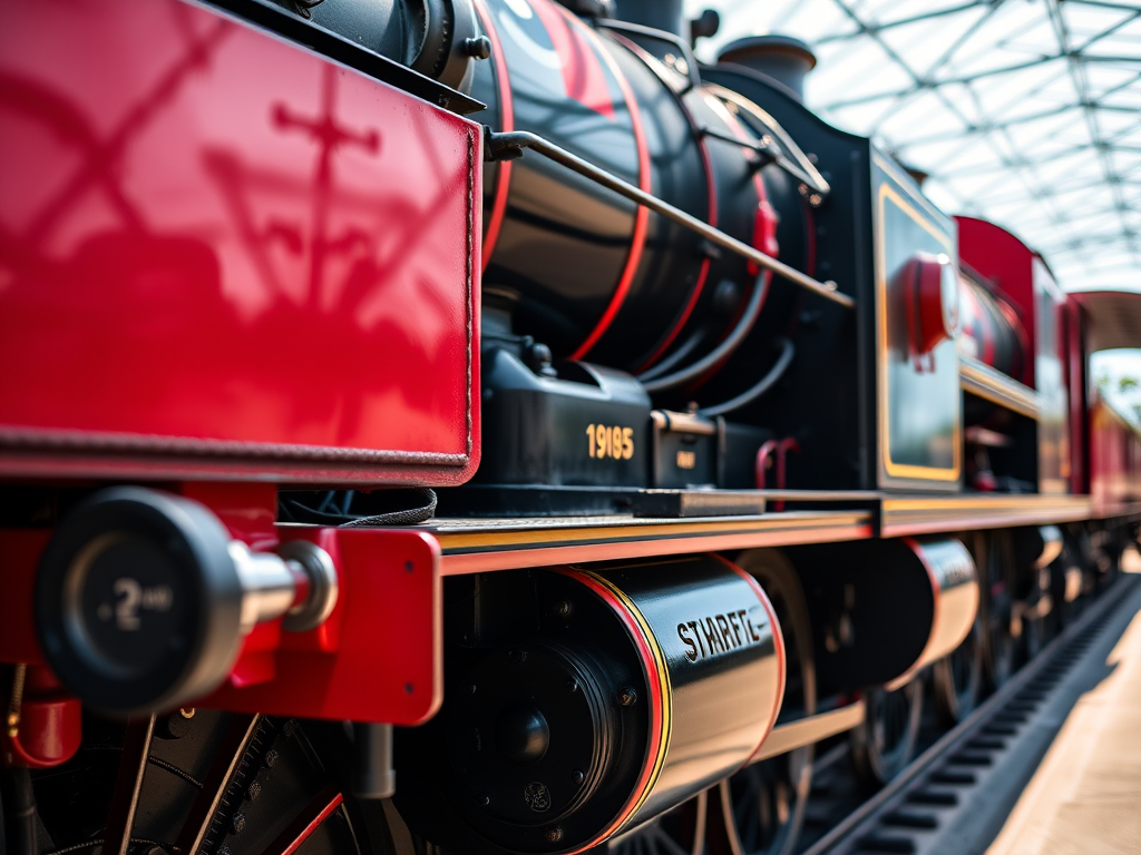 high-resolution image of a classic steam locomotive with vivid details, captured in natural lighting, 50mm lens, f/8 aperture, ISO 100, shot from a low angle to emphasize the intricate mechanics and vibrant colors, DSLR camera, focus on sharpness and clarity.