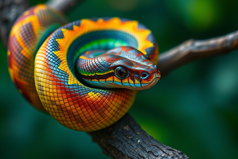 close-up shot of a vibrant snake coiled on a tree branch, natural light, f/2.8 aperture, ISO 100, 85mm lens, shallow depth of field, DSLR camera, high-resolution detail, focus on scales and textures